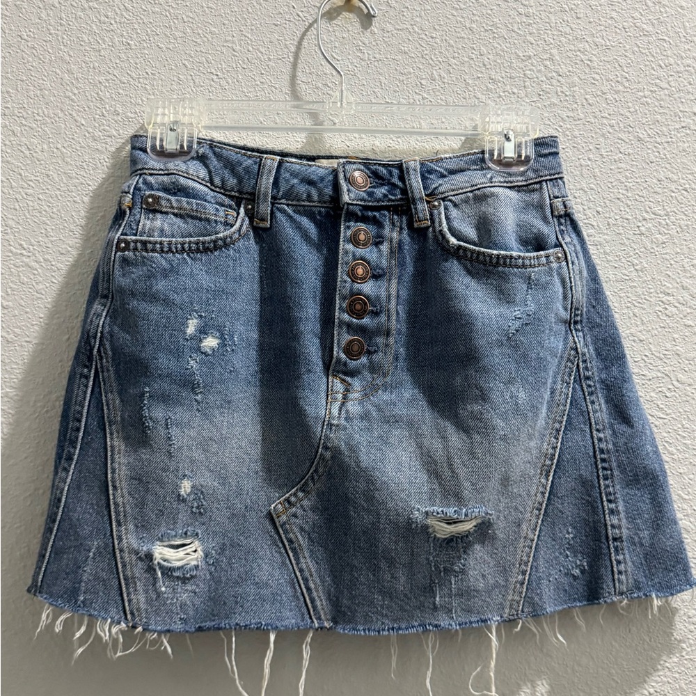 We The Free Blue Distressed A-Line Skirt